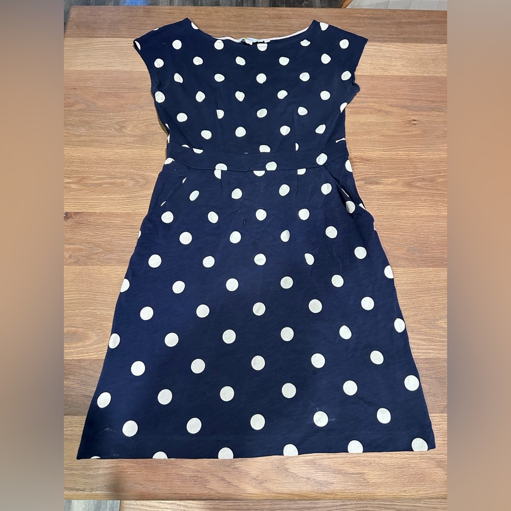 Boden Dark Blue Dress with Cream Dots